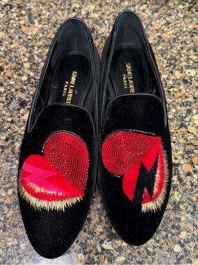 Saint Laurent Black Velvet Heart Embroidered Loafers - Red Accent new size 39